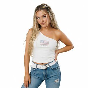 Bebe Top Women Large‎ Off White One Shoulder Flag Rhinestone Y2K Stretch